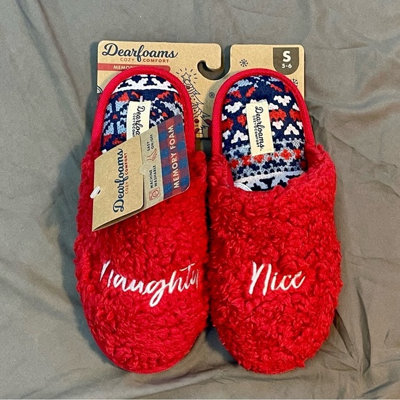 Dearfoams Memory Foam Naughty and Nice Fuzzy Slippers Size Small 5-6 - Picture 2 of 2